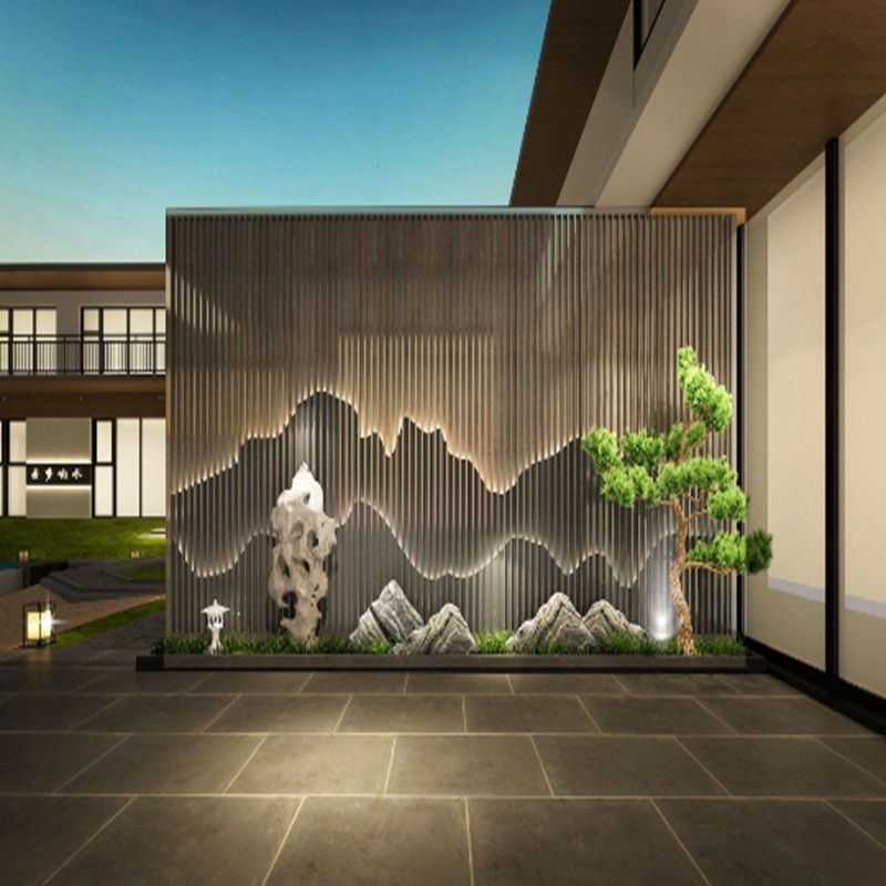 新中式圓形假山鏤空不銹鋼背景墻圓弧嵌入鋁浮雕戶(hù)外庭院玄關(guān)
